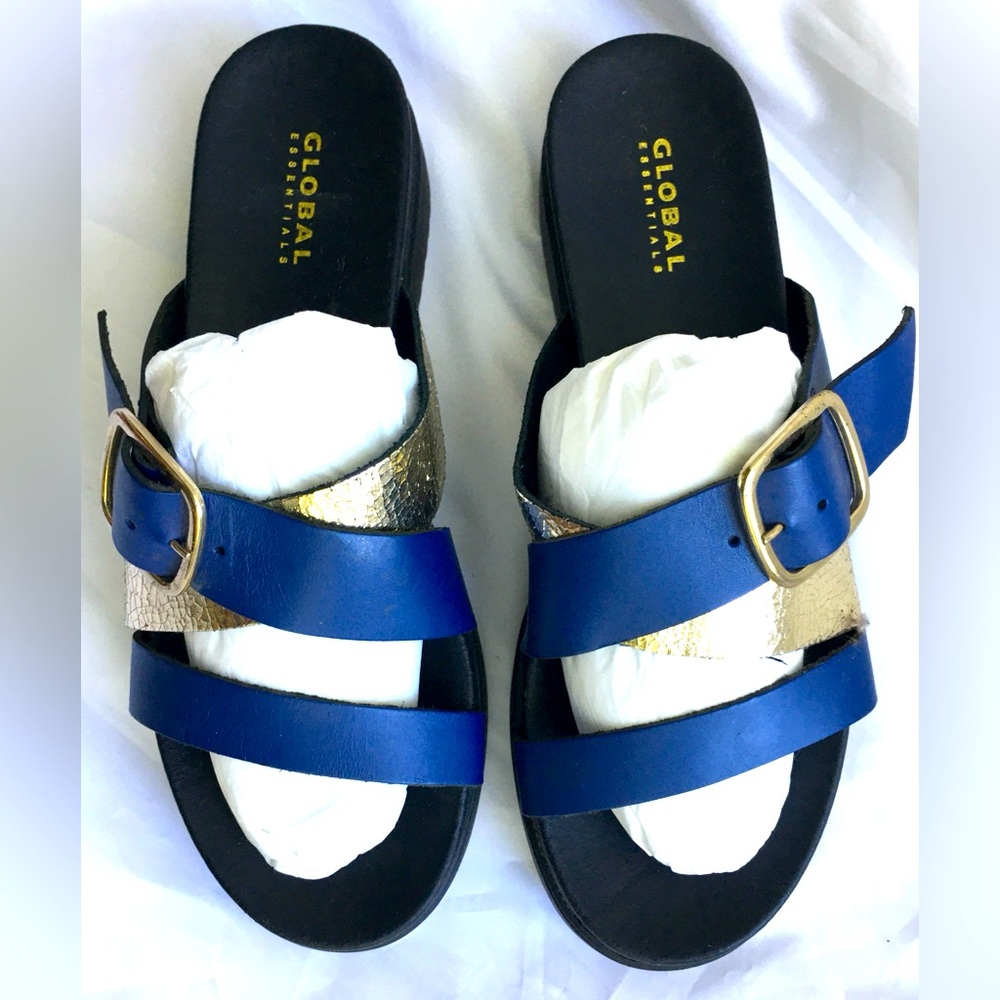 Global Essentials blue silver leather wedge slides sandals. EU 40 US 10. NWOT.